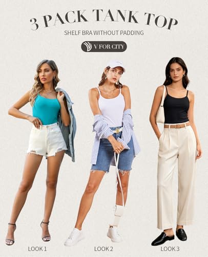 Image of V FOR CITY Unpadded Tank Top for Women with Shelf Bra Cotton Camis 3 Pack