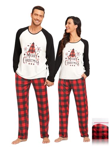 Couples Matching Pajamas Family Christmas Pajamas Set Soft Sleepwear Printed Top and Plaid Pants with Pockets L