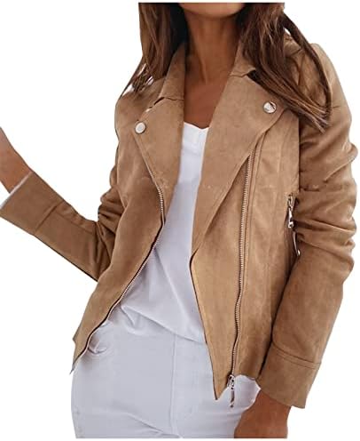HTHLVMD Women's Short Soft Zip Up Faux Suede Biker Moto Jacket 2023 Khaki