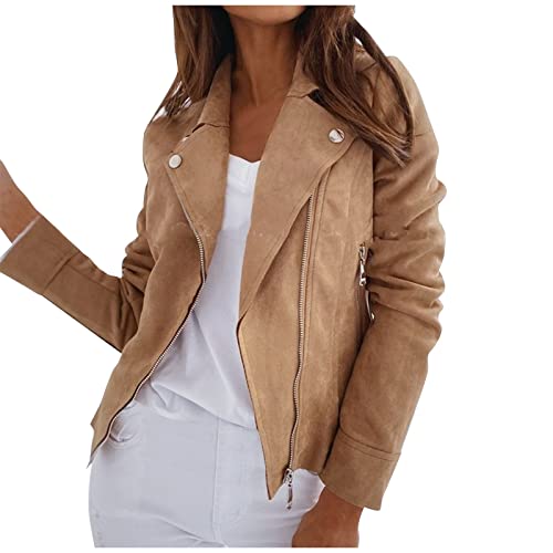 Hthlvmd Women's Short Soft Zip Up Faux Suede Biker Moto Jacket 2023 Khaki #TOP23