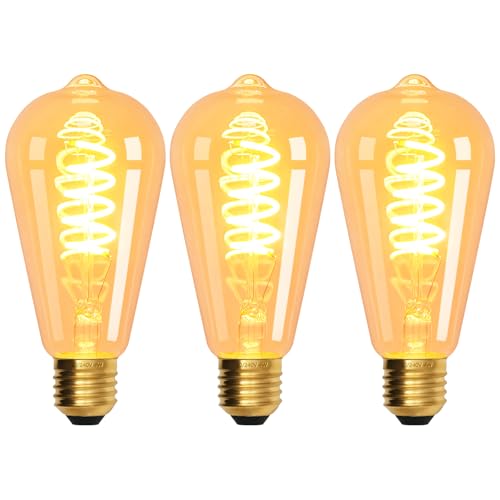 Terafeels 3 Piezas Bombillas LED Vintage regulables con casquillo E27, ST64, 4W, 220-240V, luz Amarilla Cálida de 2200K, Cristal Transparente, Filamento en Espiral, Bombillas Decorativas