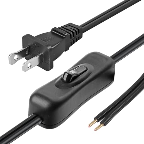 VSEER Lamp Cord has Button Switch UL304 2A/120V Plug Stripped Ends Ready for Wiring 18 AWG SPT-2 Black (6FT)