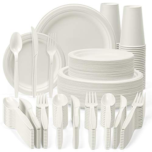 Disposable Dinnerware Set 300 Pcs - Safe Compostable Dinnerware for 50 Guests - Recycled Eco-friendly Tableware - Includes Plates Forks Spoons Knives 16Oz Cups - Compostable Sugarcane Cutlery