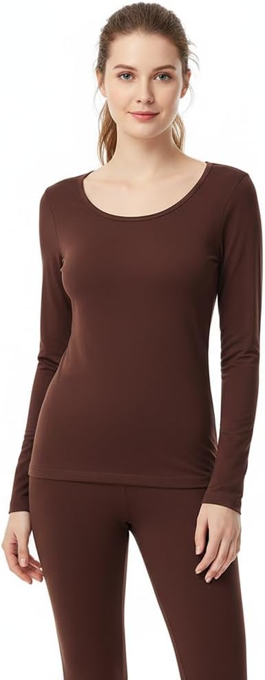 Women's 95% Modal Thermal Underwear Set, Slim Lightweight Base Layer Top and Pants for Spring Winter Daily Layering (2,Brown,Small)