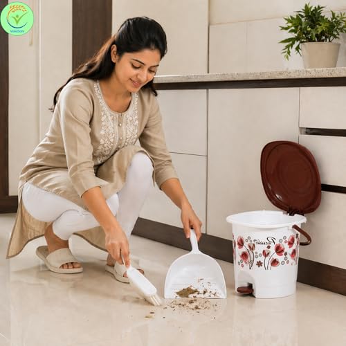 Image of Heavy Duty Virgin Plastic Large Capacity 20L Bucket, 5L Bucket, Stool,22L Deep Tub, Dustbin,1.5L Mug,1L Mug, Soap Case, Dustpan, Tooth Brush Stand Bathroom Set(K.White-Brown) - 10 Pieces