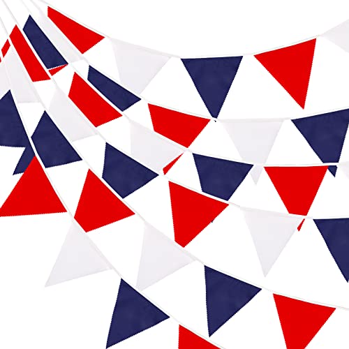 G2PLUS 12M Red Blue and White Fabric Bunting Banner 19x21CM Large Cotton Triangle Flag Garland with 42PCS Decoration Pennants for King Charles Coronation Decoration