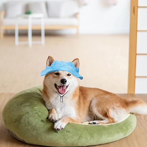 Sonnenhut für Hunde, verstellbar, Prinzessinnenhut mit Ohrlöchern, runde Krempe, Fischerhut für Welpen, kleine Hunde, Katzen, Outdoor-Sport, Blau, Größe L