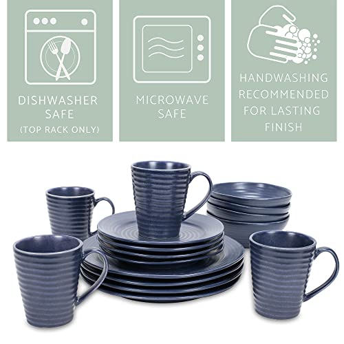 Elanze Designs Charming Chic Ribbed Modern Thrown Pottery Look Ceramic Stoneware Plate Platter Mug & Bowl Kitchen Dish Dinnerware 16 Piece Set - Service for 4, Navy Royal Blue