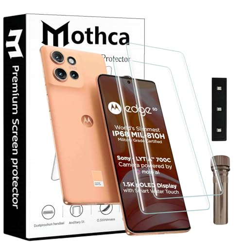 Image of Mothca Curved UV Tempered Glass Screen Protector for Moto Edge 50 | Transparent | Pack of 2 | Borderless Full Screen Coverage with UV Installation Kit