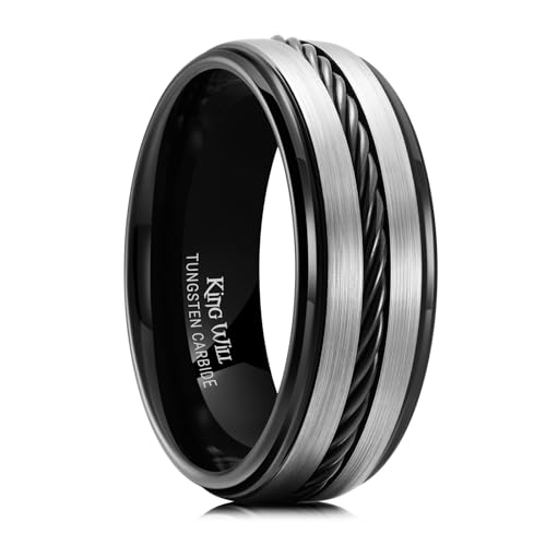 Bague homme carbure de tungstène King Will, anneau corde acier 8mm noir