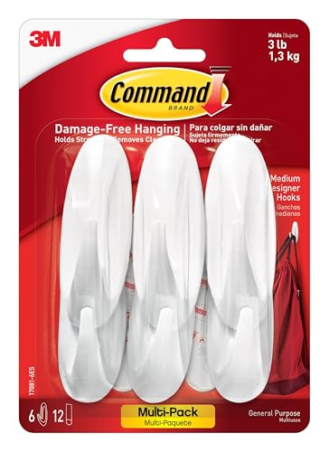 Image of Command Medium Designer Hooks, 6 Hooks and 12 Strips, Damage-Free Hanging Wall Hook with Adhesive Strips, No Tools Great for Hanging, Organization and Storage, Holds up to 3 lb (Pack of 9)