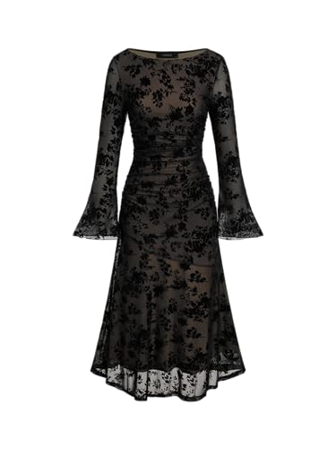 CIDER Maxi Women's Dresses Floral Lace Ruched Long Sleeve Boat Neck Party Evening Maxi Dress
