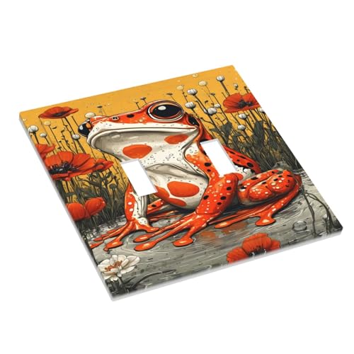 Decorative Light Switch Cover Plate Big Orange Frog Red Floral Wildflower 2 Gang Wall Plate Oversized Double Toggle Two Switch Wall Cover Plate Dual Device Faceplate
