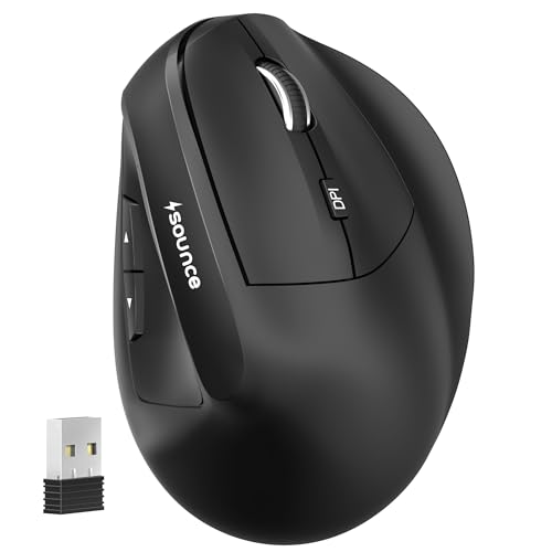 Image of Sounce ErgoFlow Vertical Wireless Mouse - Bluetooth & 2.4GHz Dual Mode, 800 /1600 /2400 /3200 /4000 DPI Adjustable, 6 Buttons, Rechargeable Battery, Silent Click, Ergonomic Design (Black)