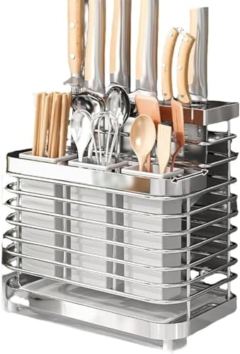 AMTIME 丁スタンド 包丁差し ステンレス コンパクト 斜めデザイン 包丁が出し入れしやすい 軽量 頑丈 耐久 水切りトレー デザイン 通気性 水切り モダン おしゃれ 研ぎ棒 はさみ シェフナイフ フルーツナイフ キッチン収納 家庭用 業務用 壁掛け