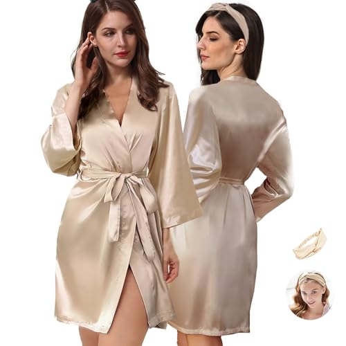 Image of WJing Yi Jia 2Pcs Womens Floral Kimono Robe Silk Robes Bride Bridesmaid Satin Robes Bridal Dressing Gown Silky Bathrobe