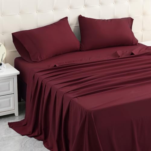 MICORAL Queen Bed Sheets Set Soft Breathable Bedding Sheet Set Sheets Set with 16 Deep Pocket Design (4 Pieces Queen Wine Red)