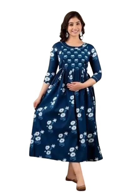 Elegant Maternity Feeding Kurti Dress for Women – Blue Floral Printed A-Line Long Dress with 3/4 Sleeves, Comfortable Pregnancy Wear & Nursing Friendly Gown-image-42