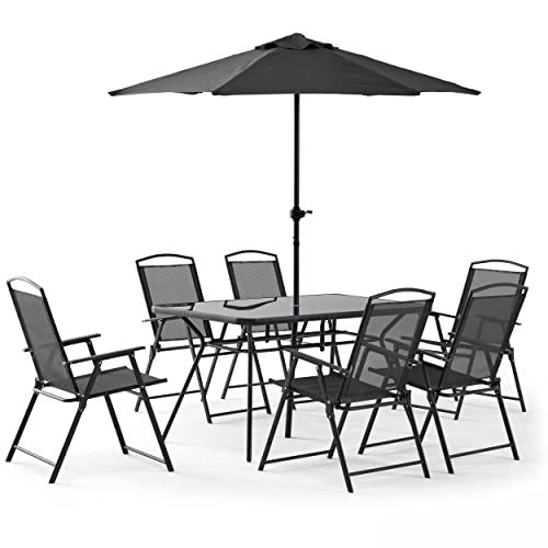 Oviala Salon de Jardin Table et 6 chaises Pliantes avec Parasol Central