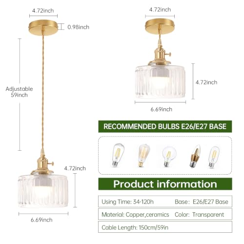 Image of Shenmoyl Battery Operated Pendant Light 5000mAh Rechargeable Chandelier with Remote Control Wireless Adjustable Hanging Clear Striped Light for Kitchen Island Dining Room Hallway