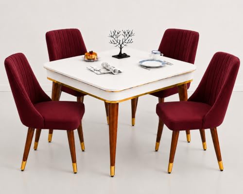 Image of WOODEN SPACE 4 Seater Wooden Dining Table Set | Urban Marble Top Dining Table with Chairs for Dining Room & Kitchen (Modern Frontline Maroon) (42 x 42 x 30 inch)