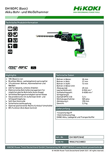 HIKOKI Akku Bohr- und Meißelhammer, DH18DPCW4Z (im Karton) SDS-plus (Ohne Akku Ladegerät und Transportkoffer)18V – Bild 3