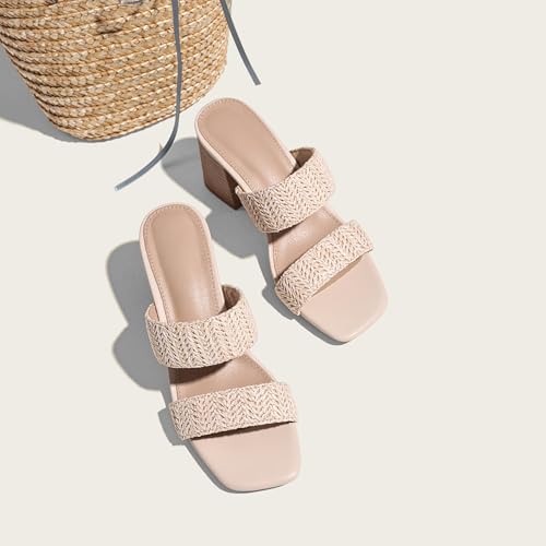 Image of Ancomafio Heeled Sandals for Women Raffia Sandals 2025 Chunky Block Heels Square Open Toe Heels Double Strap Summer Dressy Shoes Slip On
