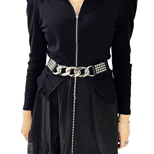 Women's Studded Vintage Belts Fashion Leather Elastic Stretchy Punk Thick with Chain for Dresses4