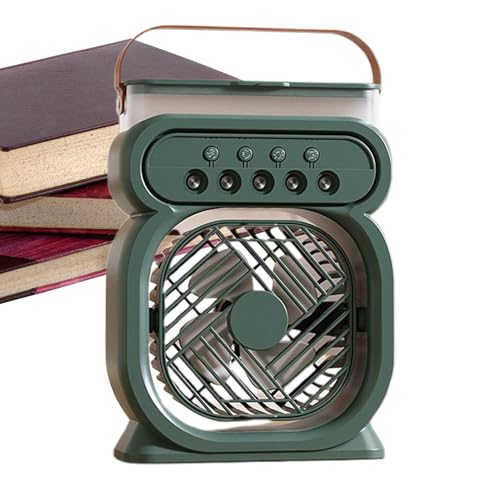 Buerfu Ventilador de nebulización recargable, ventilador de aire acondicionado portátil con niebla, 3 velocidades de ajustables, 450 ml, dispositivo de refrigeración de tanque de agua con asa