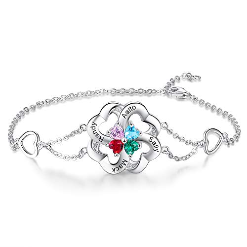 Personalized 2 Heart Bracelets with 2 Simulated Birthstone Bracelets for Women Custom 2 Names Bangle Bracelets for Best Friend Birthday Women Christmas Jewelry Gift Love Bracelets for Her (4 birthstones)