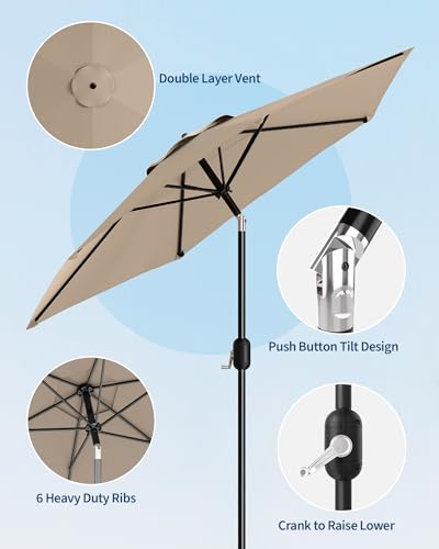 7.5FT Outdoor Patio Umbrella, Outdoor Table Umbrella, Market Umbrella With Push Button Tilt and Crank, 6 Sturdy Ribs UV Protection Waterproof for Garden, Deck, Backyard, Pool, Tan