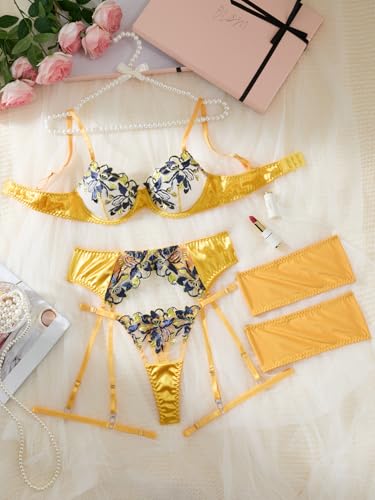 Image of Lilosy Sexy Leaf Floral Embroidered Mesh Sheer Women Underwire Push Up Lingerie Set