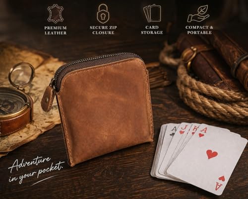 Image of Premium Full Grain Leather Playing Card Case, Zippered Playing Card Holder for Poker Bridge Cards, Durable Leather Card Deck Storage Organizer Travel Card Carrying Pouch Multi Purpose Wallet