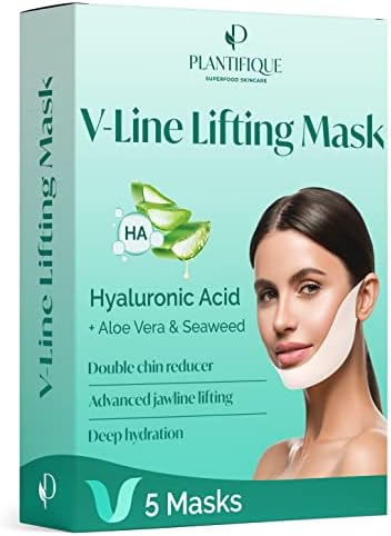 V-Line Lifting Face Mask by Plantifique - 5 PCS V Shape Face Lift Tape Mask for Skin Firming and Tightening - Double Chin Reducer Jawline Sculptor for Women & Men - Anti-Aging, Contouring & Slimming
