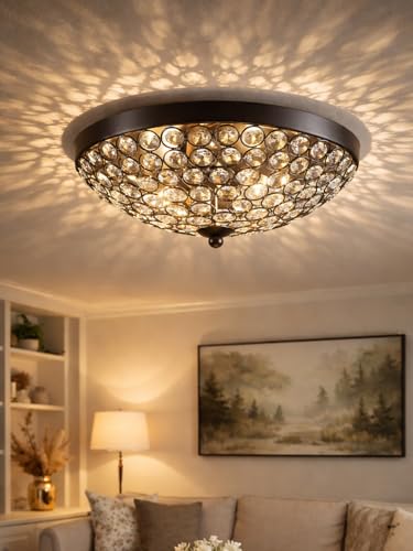 Image of 2-Lights Dome Shape Metal Glass Crystal Chandelier Jhoomar Ceiling Light for Living Room | Modern Flush Mount Crystal Ceiling Lamp | Warm White LED Included