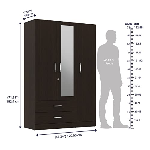 Image of Wakefit Wardrobe | 1 Year Warranty | Engineered Wood Almirah, Cupboard for Clothes Storage | 3 Door, Mirror, 1 Drawer, 1 Hanging Space | Organza Plus - Wenge