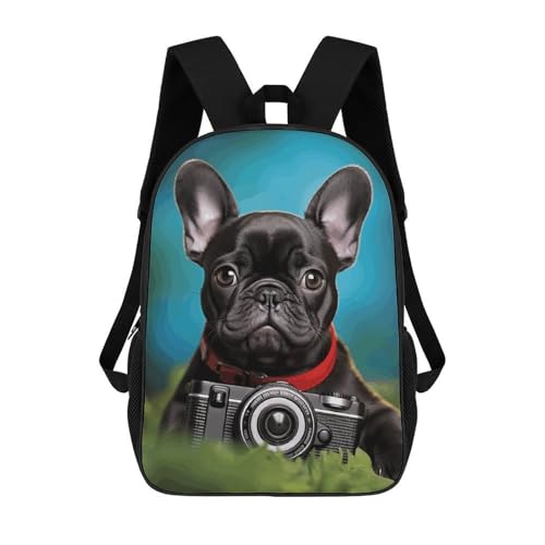 DJUETRUI Zaino da viaggio per uomo e donna, zaino leggero con bulldog francese, con fotocamera, zaino per laptop da 17 pollici, cucciolo di bulldog francese con fotocamera, 17 pollici, Cucciolo