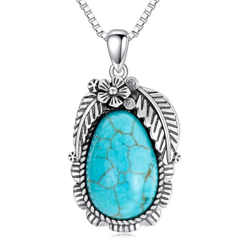 Turquoise Pendant Necklace, 925 Sterling Silver Boho Genuine Gemstones Western Turquoise Jewelry for Women