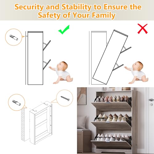 Image of BORNOON Entryway Shoe Cabinet with 3 Flip Drawers, Narrow Shoe Organizer Cabinet with Fluted Panel and Adjustable Shelves for Foyer, Hallway