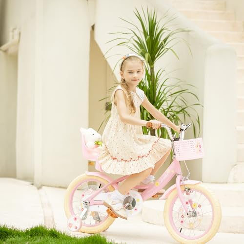 Image of Bixike Girls Bike with Basket for Toddlers and Kids Aged 3-14 Years Old, 12 14 16 18 Inch with Training Wheels & Doll Seat, 20 Inch with Kickstand & Rear Rack, Princess Style Bicycle for Gift.