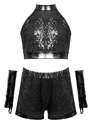FEESHOW Kids Girls Jazz Latin Dance Outfits Sequin Halter Crop Tops with Shorts Tassel Gloves Set Performance Dancewear Black 12 Years3