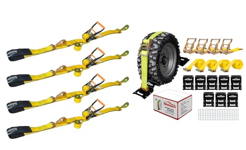 4 Pack Heavy Duty Adjustable Car Tie Down Kit and 8 Pack Vehicle Wheel Chock Tie Down Set