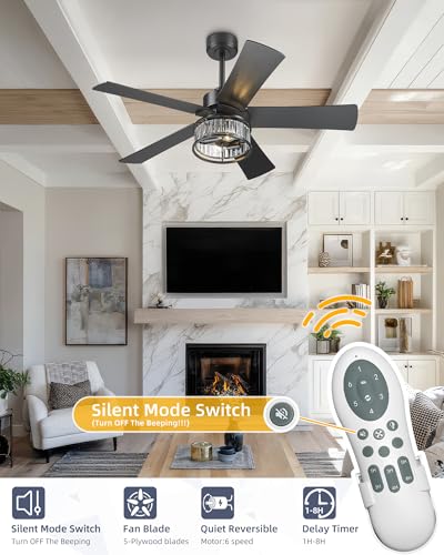 Image of YOUKAIN 48-Inch Crystal Ceiling Fan with Lights & Remote, Walnut | 5 reversible black and wood blades, crystal design, quiet for bedrooms