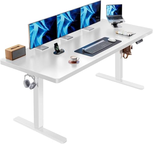 Image of HUANUO 71 x 30 inch White Electric Standing Desk, Large Height Adjustable Table, 4 Memory Preset Sit Stand Up Desk, Powerful Brushless Motor Home Office Computer Table with Thick T-Shaped Frame