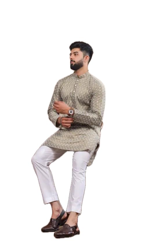 Image of LookMark Men's Printed Silk Blend Kurta with Mandarin Collar, Full Sleeves, Straight Fit Traditional Ethnic Wear