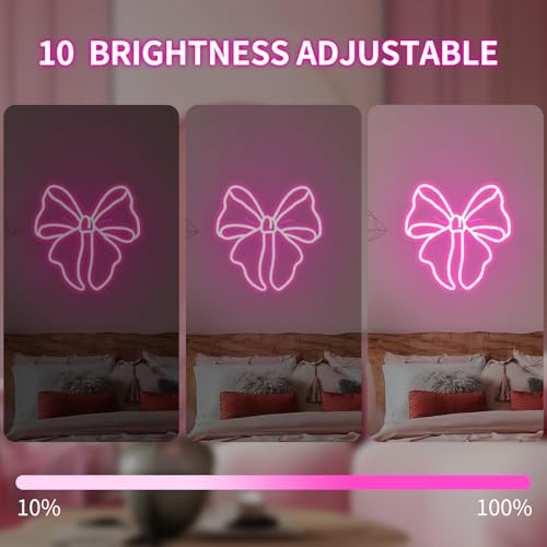 Image of Pink Bow Neon Sign Bows Neon Lights for Bedroom Dimmable Coquette Ribbon Bow Birthday Decorations Pink Wall Art Bow Wall Decor Led Sign Gifts for Girls Party