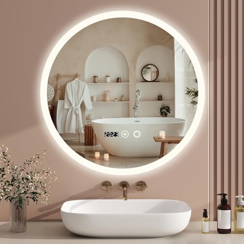 YU YUSING Espejo de Baño Redondo 50x50cm LED, 3 Colores de Luz Ajustable, Espejo de Pared con Interruptor Táctil, Antivaho, Dimmable, Indicación de Hora IP44, Moderno