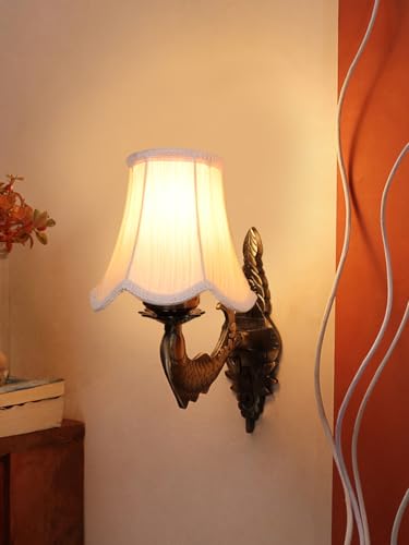 Devansh Gold Antique Wall Mounted Lamp with Metal Base (Beige, Jute Shade) | Hanging Lamp Light for Bedroom/Living Room Decoration, Home Decor | Modern Night Side Table Lamp (Rococo Base,Curve Shade)