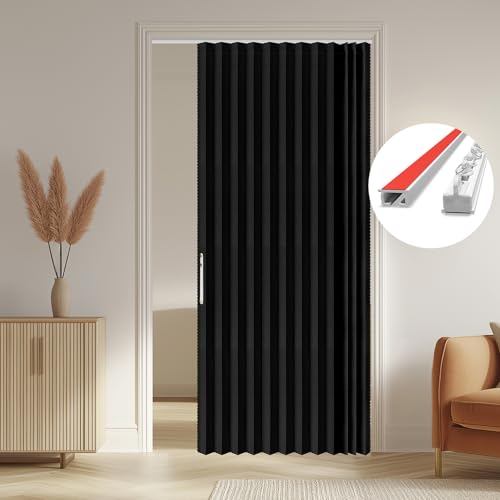 Image of AJAZZ 100% Blackout Accordion Door Front Door Curtain Invisible Folding Doors Interior Magnetic Door Curtain for Bedroom Living Room Doorway Curtain Sets Included Tracks (1Panel, 53W x 80 L, Black)