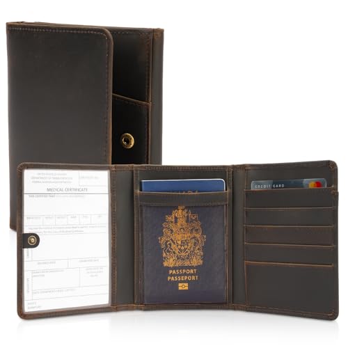 Polare Full Grain Leather Pilot Wallet Passport Holder RFID Blocking Trifold Wallet for Men Travel Cover Document Organizer for Aviation Professionals